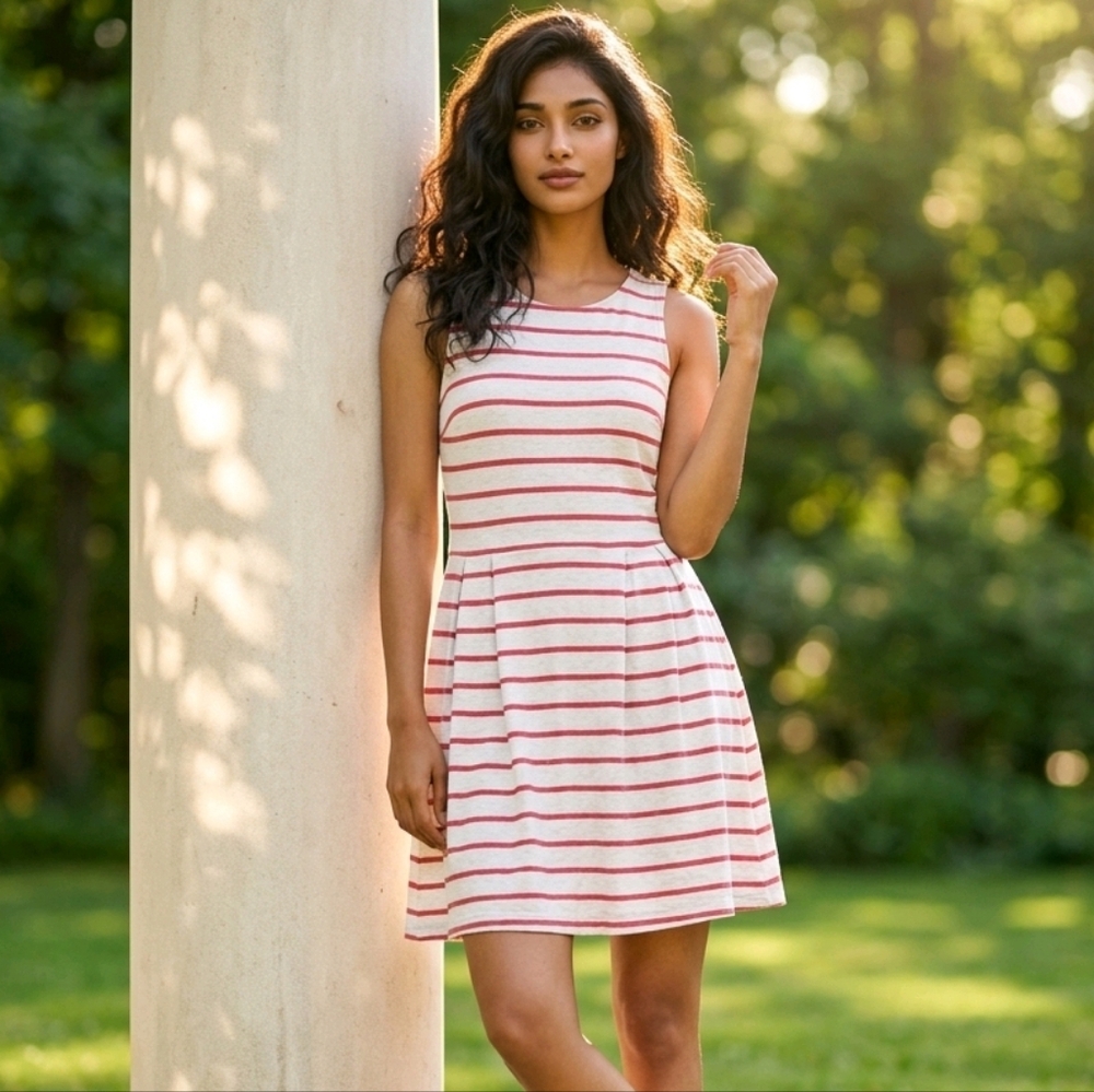 LOFT Red Cream Striped Fit & Flare Dress Sleeveless Pleated Mini 4 Preppy Work